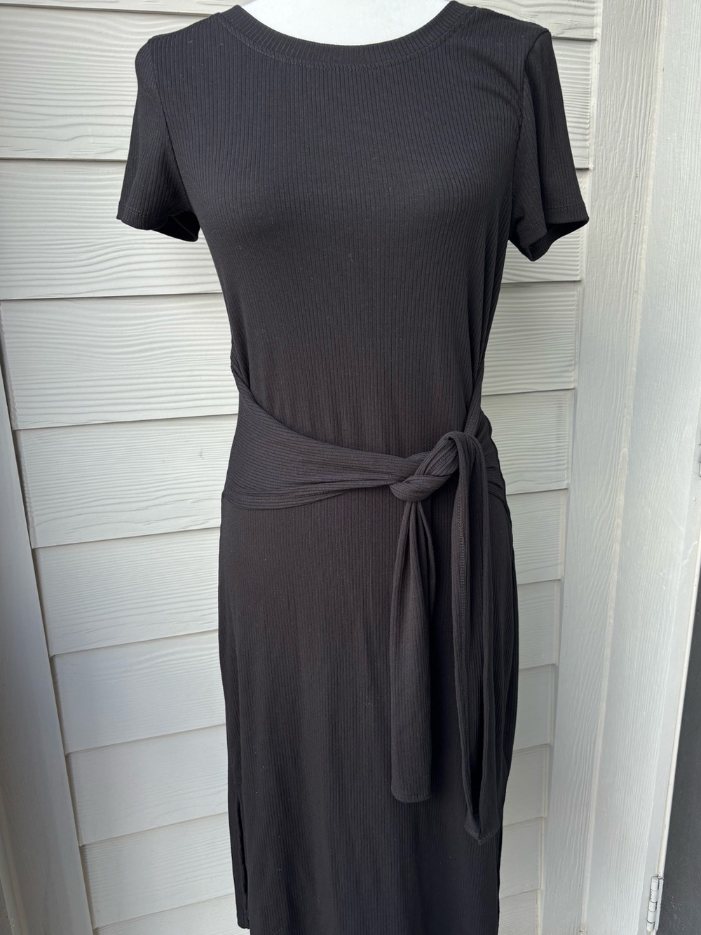 Rachel Zoe Black Ribbed Midi Dress XS Tie Waist Side Slit NWOT